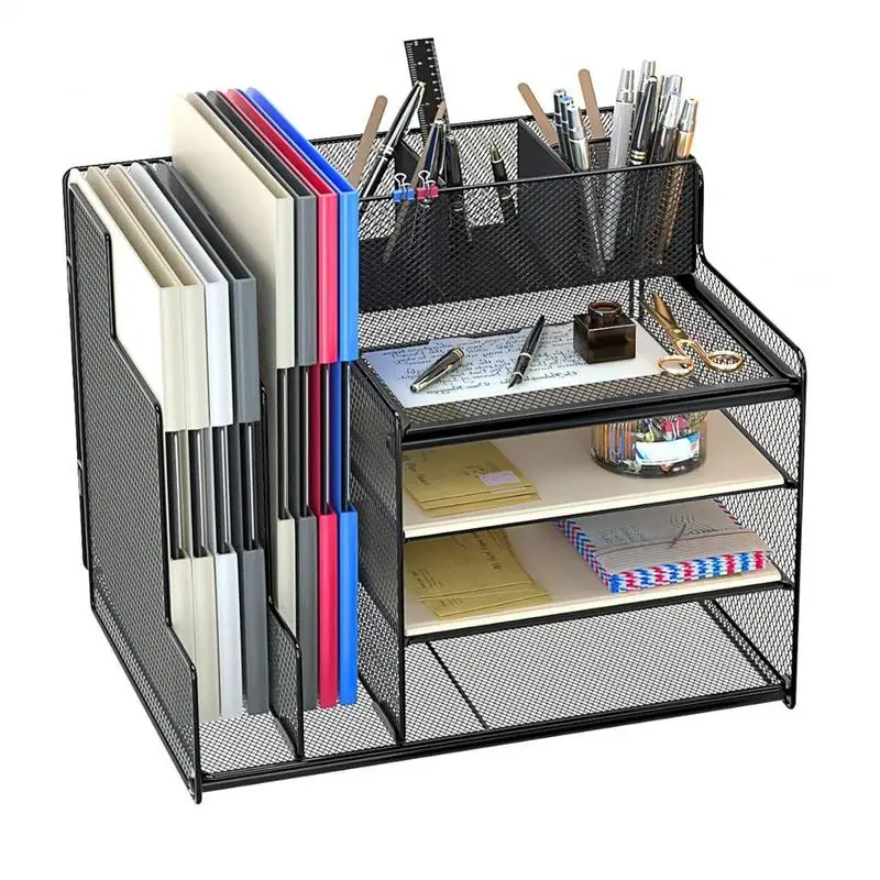 

Organizers On Desk Metal Mesh Desk Organization 4 Tier Office Organizer Multi-Function Letter Tray Large File Storage With Pen