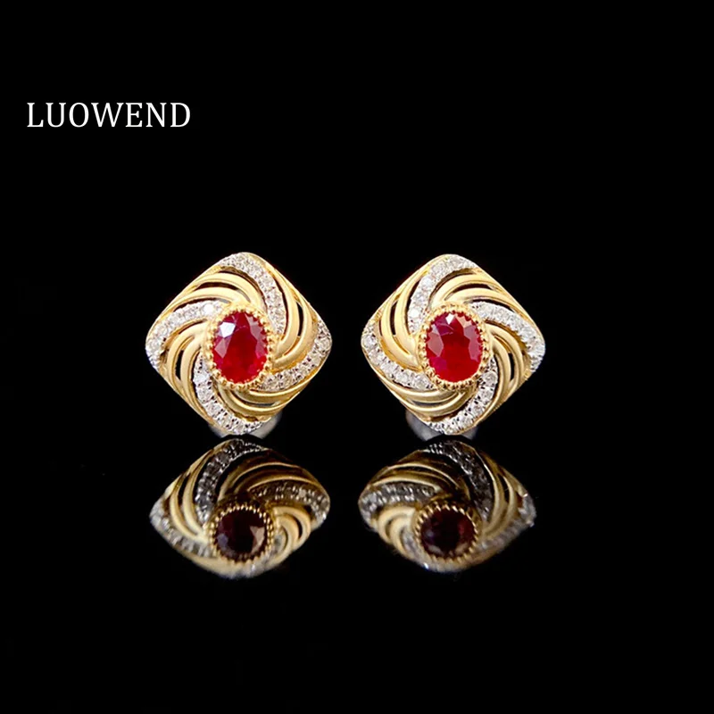 

Серьги LUOWEND 100% из 18-каратного желтого золота, Винтажные серьги в дворцовом стиле с блестящими бриллиантами и натуральными рубинами для женщин, свадебные украшения