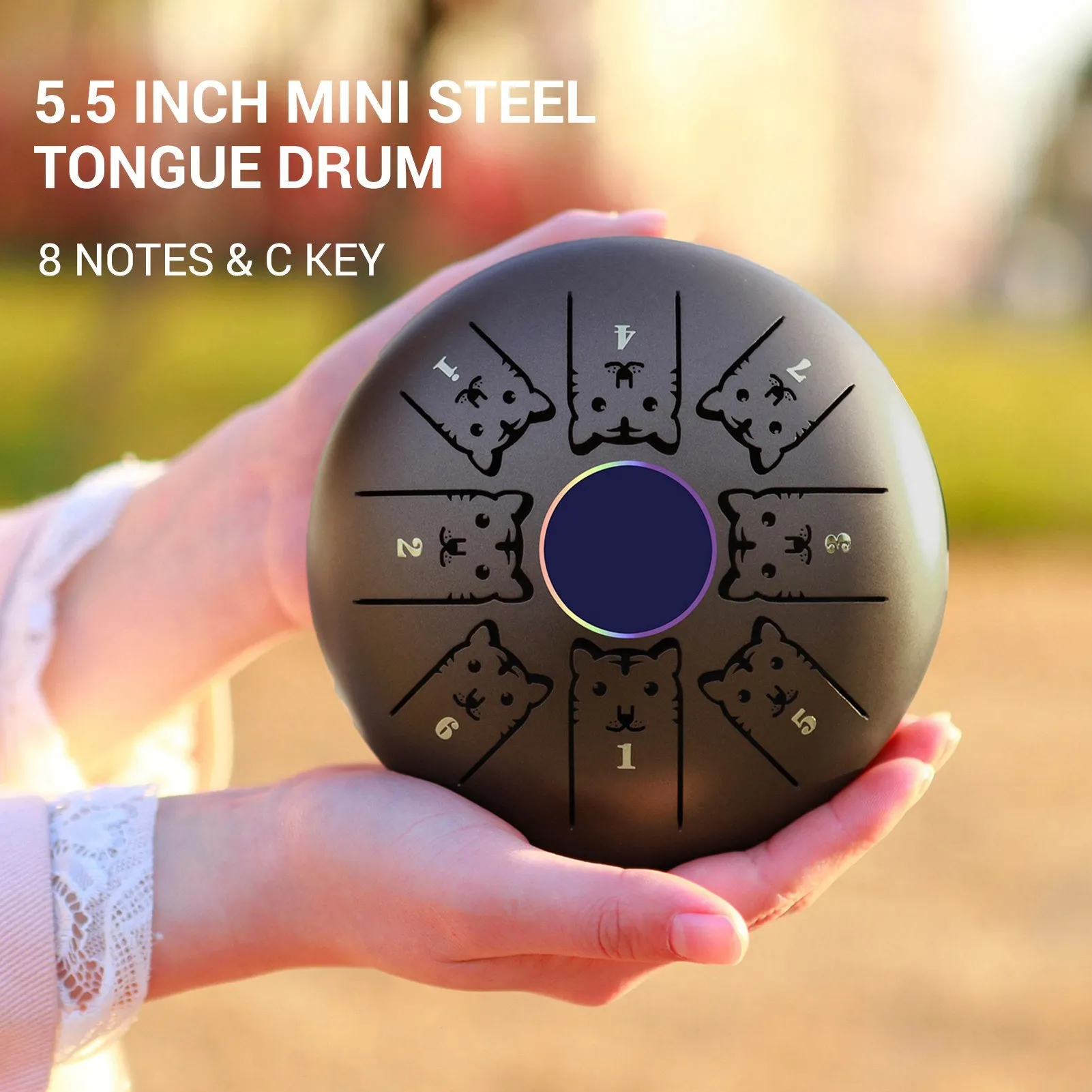 Hooqu 5.5 Inches Mini Steel Tongue Drum 8 Notes C Key Handpan Drum Chinese Zodiac Patterned Tank Drum Percussion Instrument With