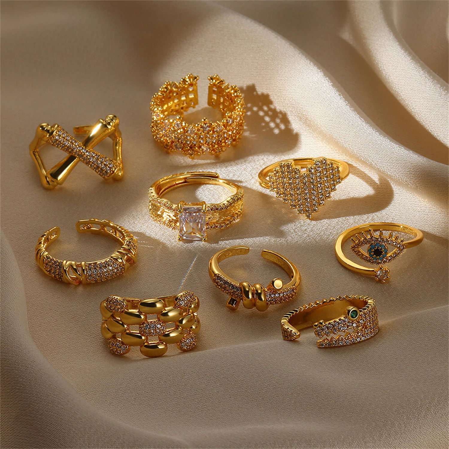 WAKA Conjunto de anillos llamativos gruesos para mujer, piedra brillante, corazón geométrico, mal de ojo, joyería apilable para fiesta y uso diario