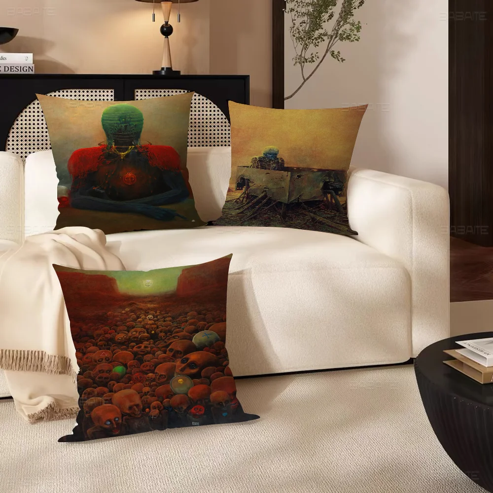 Zdzislaw Beksinski Art Pillow Covers Cartoon Sofa Decorative Home Double-sided Printing Short Plush Cute Cushion Cover