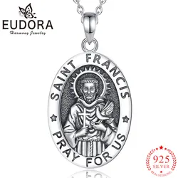 Eudora New 925 Sterling Silver Saint Francis Necklace Cross Raven Pendant Catholic Believers Vintage Jewelry Personality Gifts