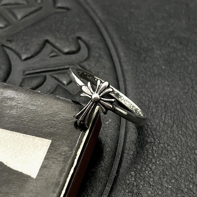 

S925 sterling silver trendy jewelry long cross small ring men's and women's retro old medieval men's thin ring
