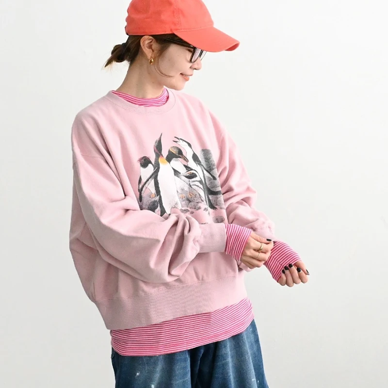 

Новая женская хлопковая толстовка с принтом пингвинов, весна 2026, повседневная, свободная, универсальная, с круглым вырезом, удобная посадка