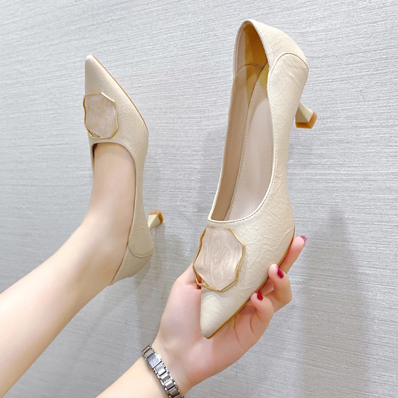 2024 Spring Summer New Style Women's High Heels Fairy Witch Shoes Pointed Toe Rubber Upper Elegant Single Shoes Explosive Model