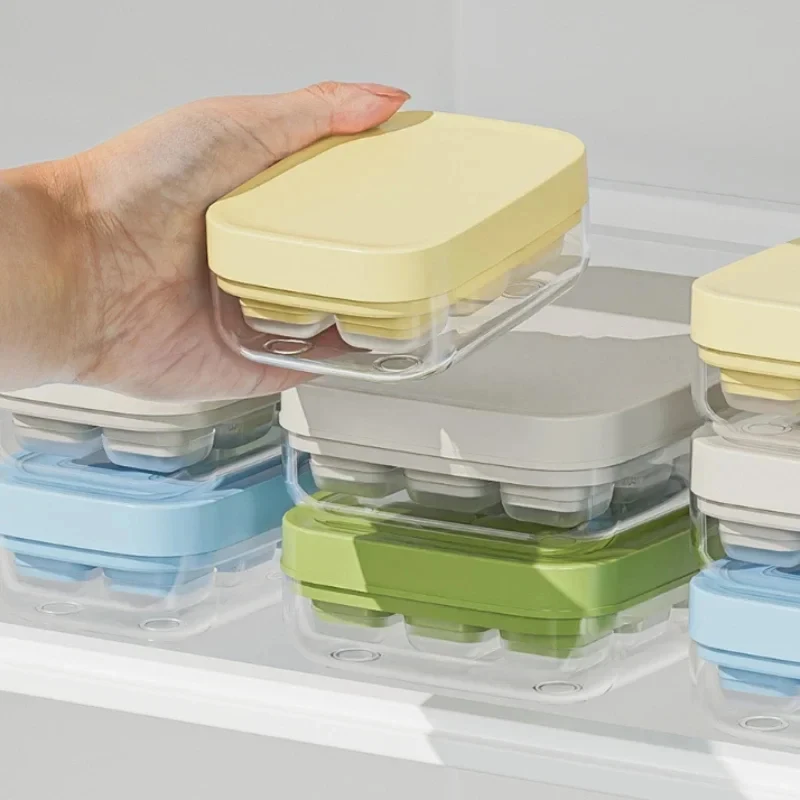 

2024 New Ice Storage Compartment with Mini Silicone Square Mould and Lid, Easy Release 6 Cube Ice Tray