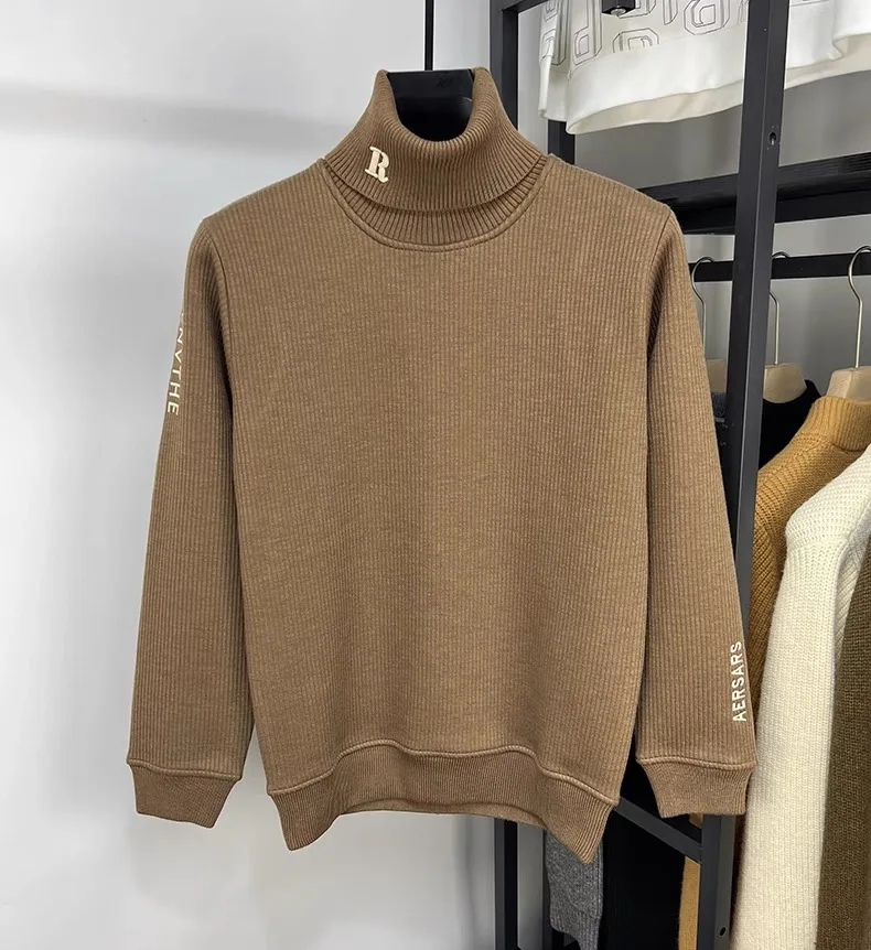 Maglione lavorato a maglia con ricamo a lettera di tendenza di marca di fascia alta da uomo autunno inverno nuovo pullover a collo alto caldo casual ispessito in peluche