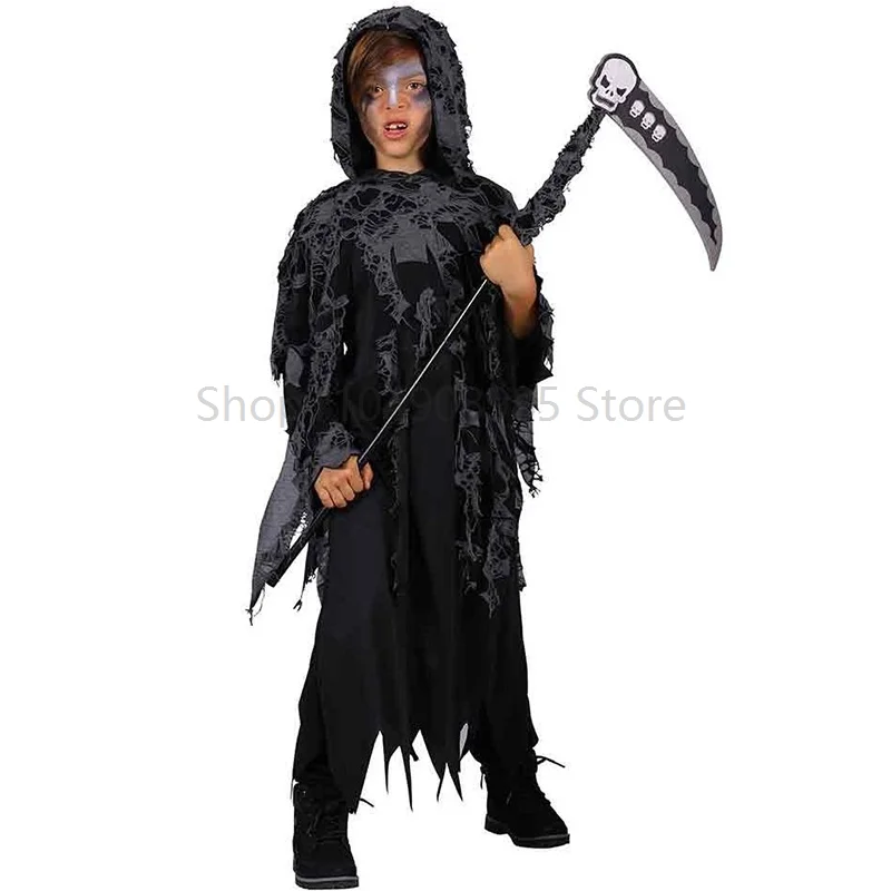 

Girl Scary Ghost Evil Robe Scythe Purim Outfit Black Death Boy Fancy Dress Up Grim Reaper Halloween Costume Children