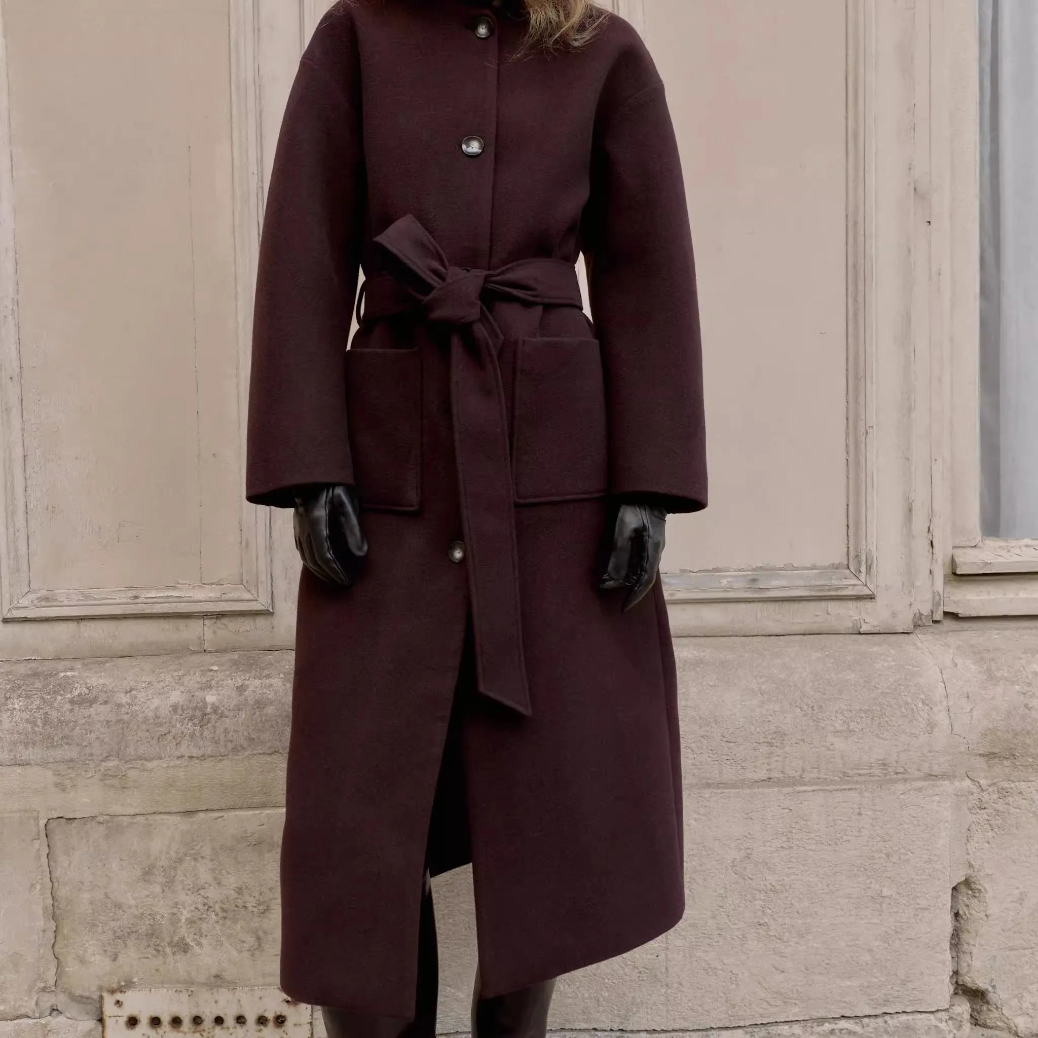 

Новое зимнее поступление, женское свободное длинное пальто с воротником-стойкой, верхняя одежда с поясом, моющееся пальто в европейском стиле