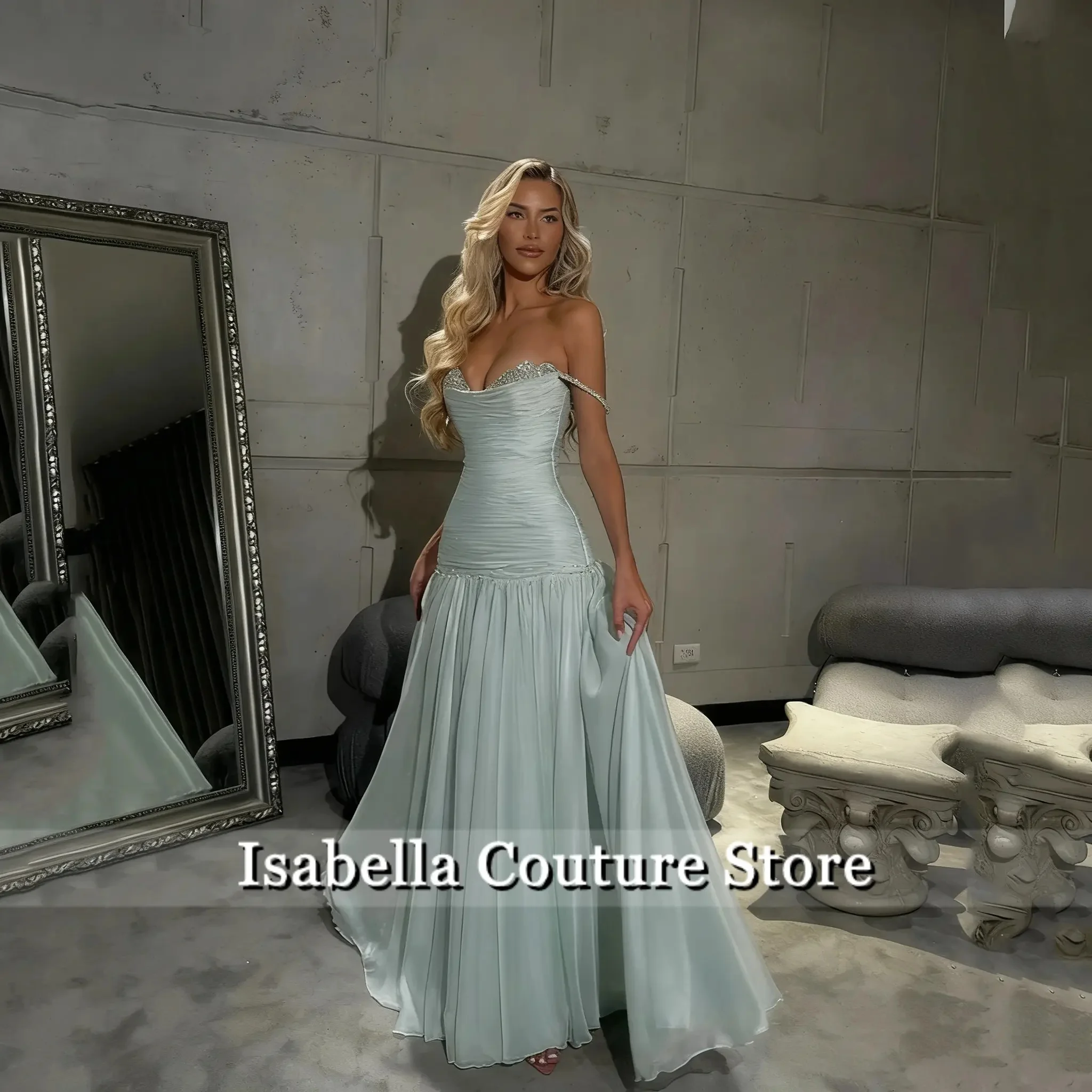 

Blue Chiffon Evening Dress Off The Shoulder Mermaid Party Dresses Appliques Prom Gowns Customized robes de soirée