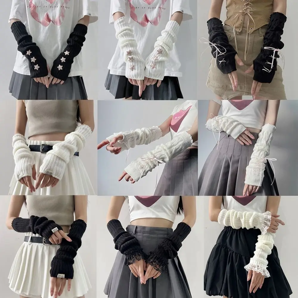 Fingerless Long Wrist Gloves False Sleeves Black White Knitted Gloves Arm Warmers Finger Sleeves Cover Elbow Mittens
