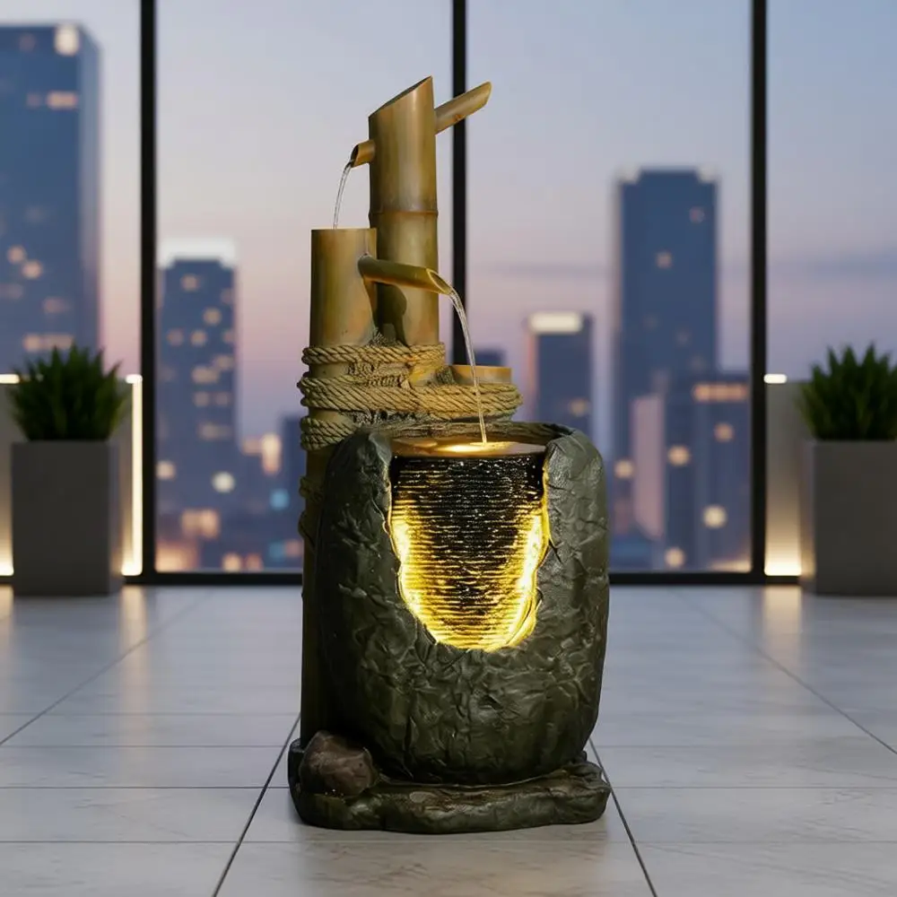 

31" H 3 Tiered Bamboo & Imitation Rock Water Fountain - Natural Zen Decor with LED Lights Cascading Waterfall Design for Outside