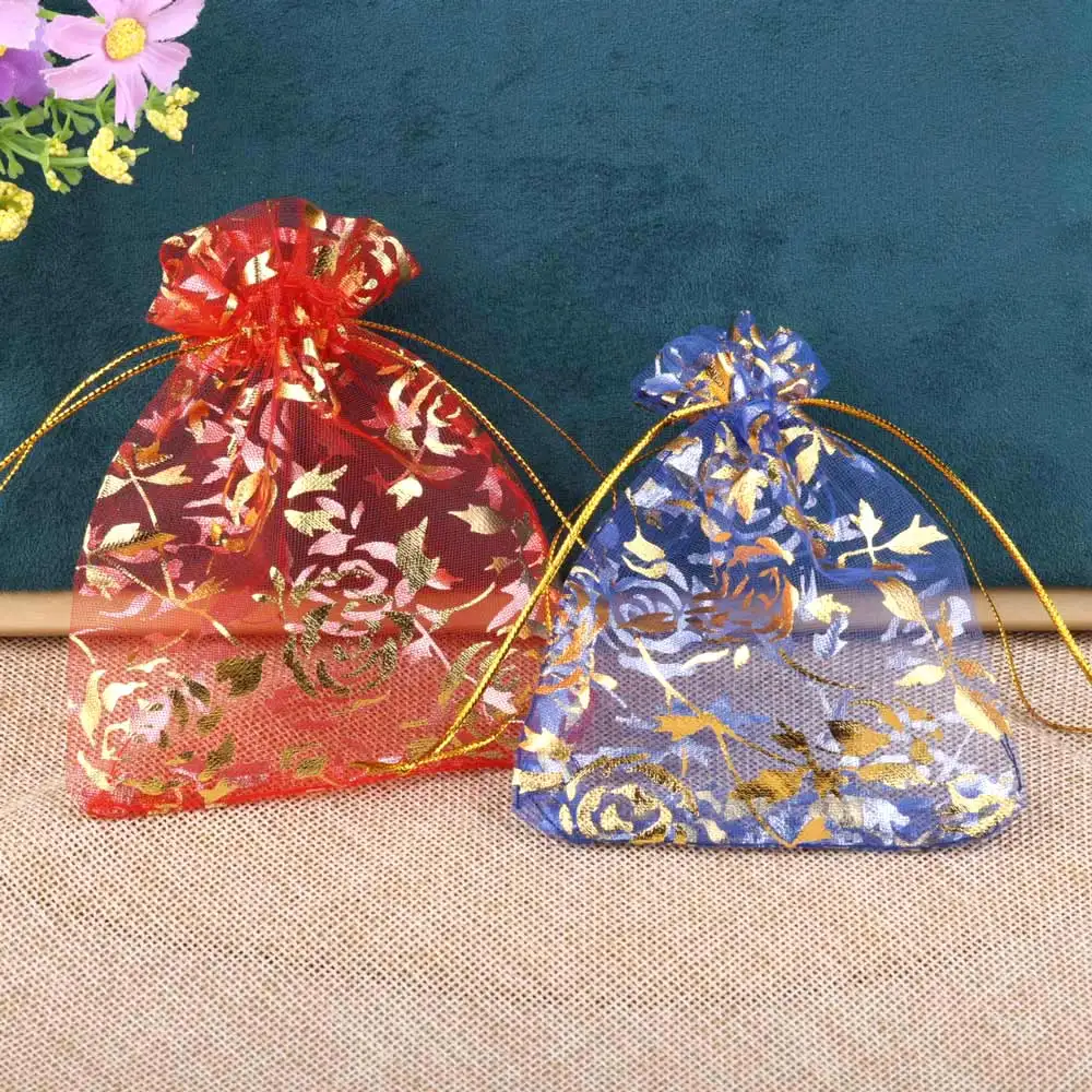 25/50/100pcs/lot Drawstring Organza Gift Bag Hot Gold Color Rose Print Pouches Wedding Christmas Party Candy Jewelry Packing