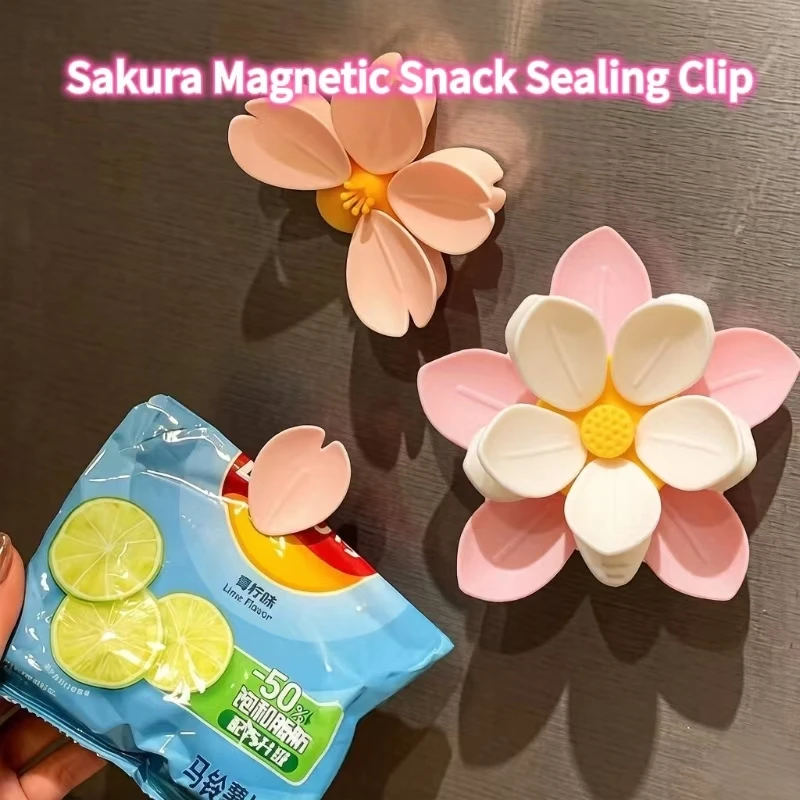 Sakura Petal Magnetic Sealing Clip Flower Fridge Magnet Sticker Multi‑Purpose Snack Bag Clip For Kitchen Food Storage Decoration
