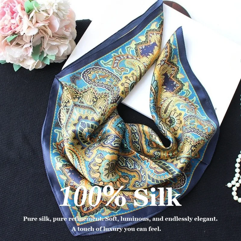 

Vintage Paisley Print Scarf for Women 100% Natural Silk Shawl Neckerchief Female Hair Bands Wraps Designer Hijab Bandana Poncho