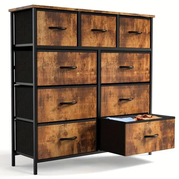 Dresser for Bedroom with 9 Fabric Drawers, Tall Chest Organizer Units for Clothing, Closet, Storage Tower with Cabinet, Metal Fr