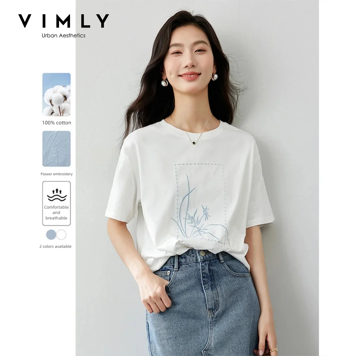 VIMLY White T-shirt Women Chinese Style Embroidered Cotton Short Sleeve Tees Loose-fit Versatile New Summer Tops Female M6911
