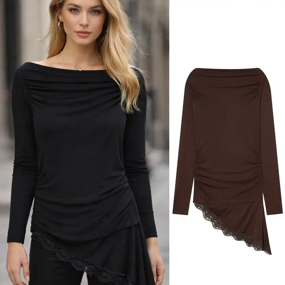 

New Asymmetric Lace Patchwork T-shirt Elegant Long Sleeve Loose Tops Solid Color Female Top Women