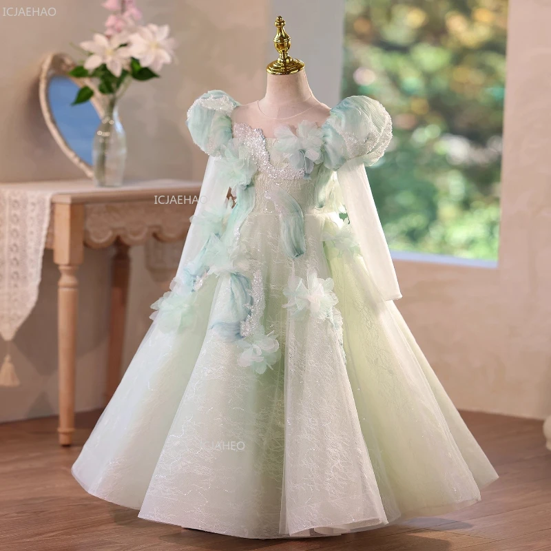 Kids Girls Long Sleeve Princess Party Dress Host Piano Performance Pageant Formal Evening Gowns Children Birthday Celebration