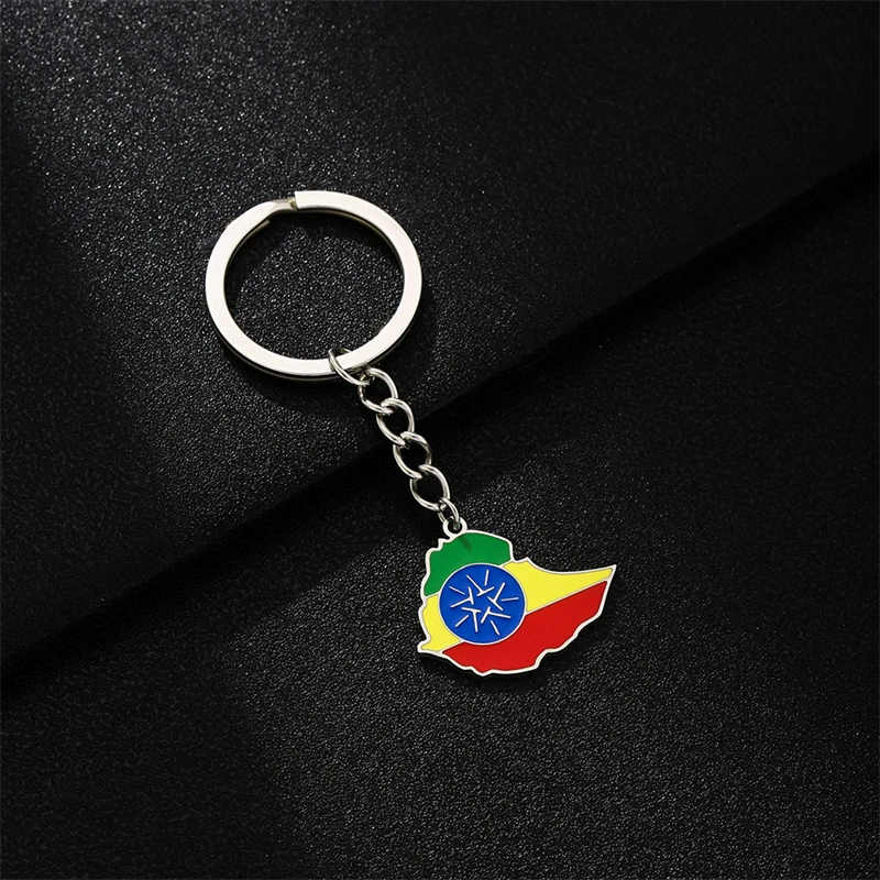 Fashion Enamel Ethiopian Map Flag Keychain Stainless Steel Gold Silver Color Ethiopia Outline Emblem Ethnic Patriotic Jewelry