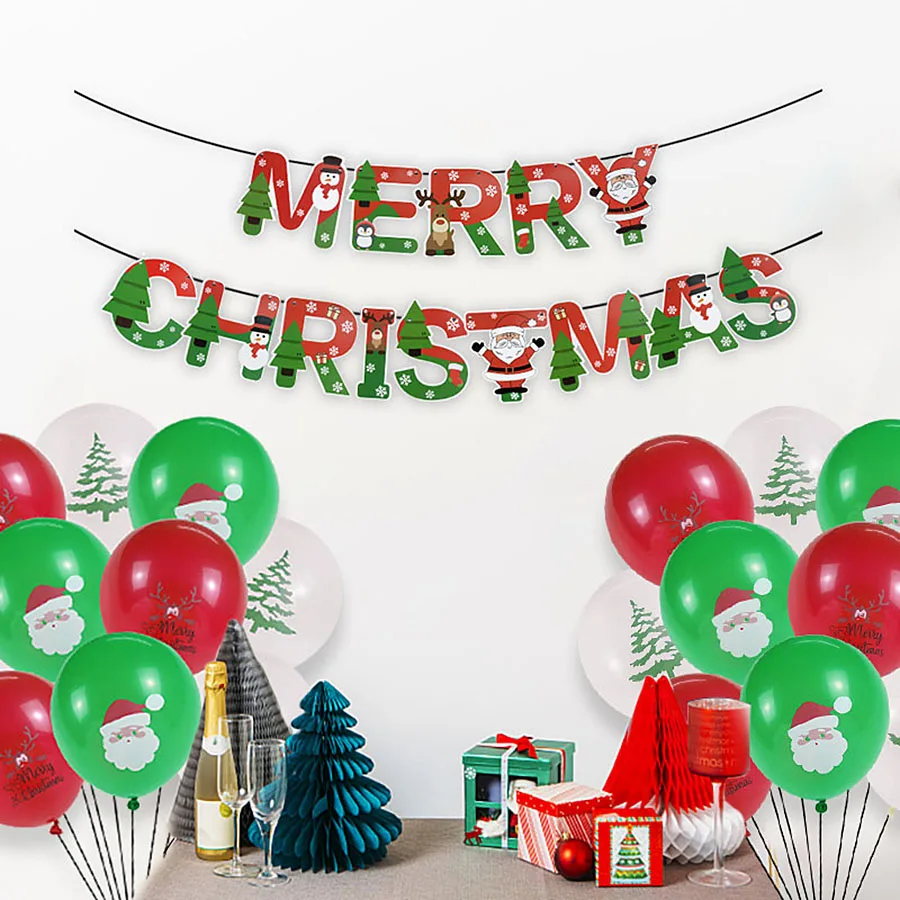 1pc Merry Christmas Paper Banner 20pcs 12inch Balloon Cartoon Printed Balloons Indoor Xmas Themed Party Background Decor