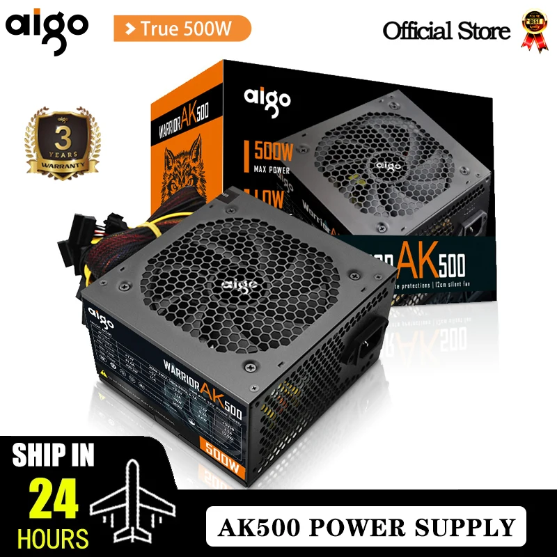 Aigo AK 500W PC PSU 전원 공급 장치, BTC용 데스크탑 컴퓨터 전원 공급 장치, 게임용 저소음 블랙 RGB 선풍기, 24 핀, 12V ATX, 120mm