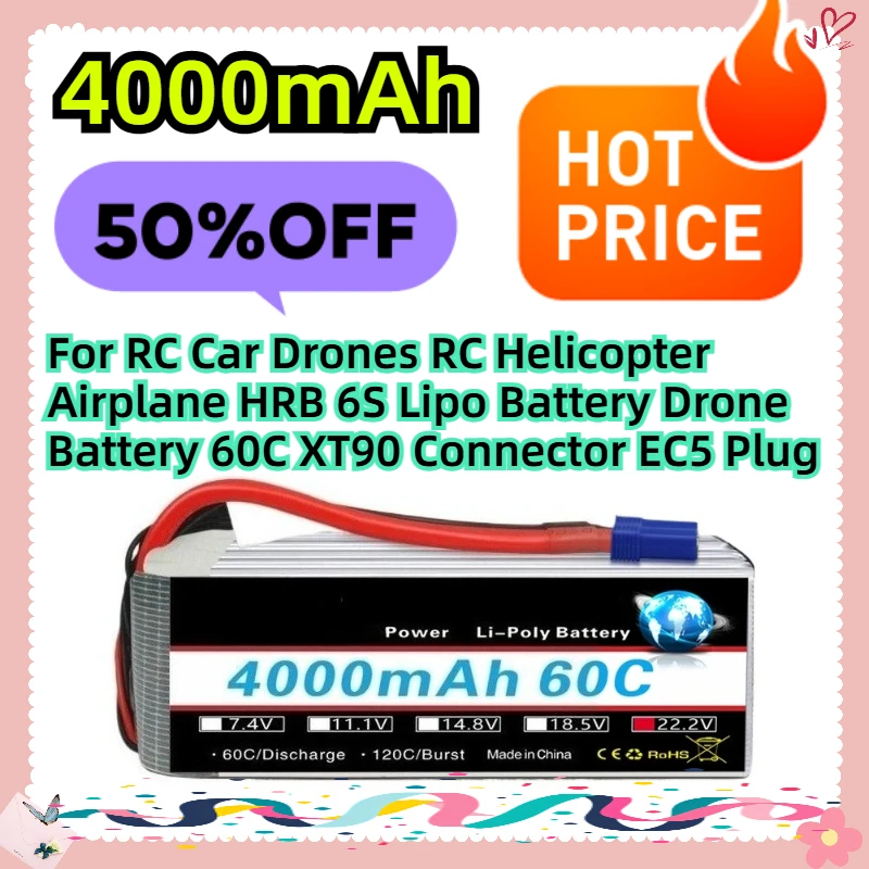

22.2V 4000mah For RC Car Drones RC Helicopter Airplane HRB 6S Lipo Battery Drone Battery 60C XT90 Connector EC5 Plug