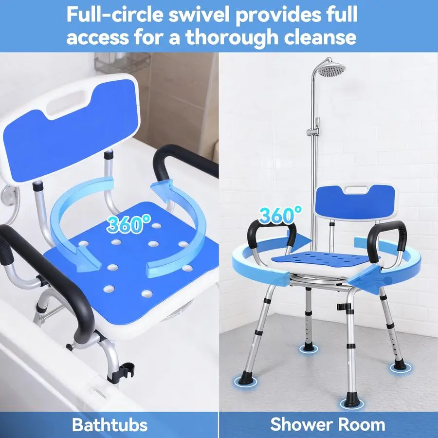Shower Chair Heavy Duty Shower Chair for Elderly Disabled Injured Height Adjustable Shower Stool with Arms amp Back NonSlip Rota