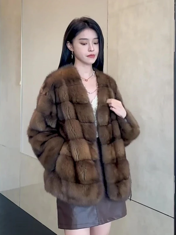 2025年新作 レディース Vネック 暖かい人工ミンクファーコート インテイテッドレザーファー スキンジャケット 韓国風 ロングスリーブ