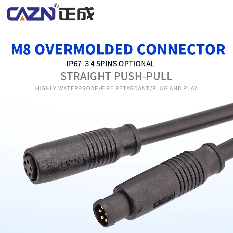 High-durability 3/4/5/6/8 Pins M8 Straight Female&Male Sensor Quick Insertion Type IP67 Overmolded Plug