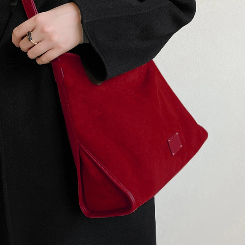 Red Suede Large Capacity Tote Bag Women's New 2025 Elegant Bride Wedding Bag Shoulder Crossbody Casual Simple Style PU Leather