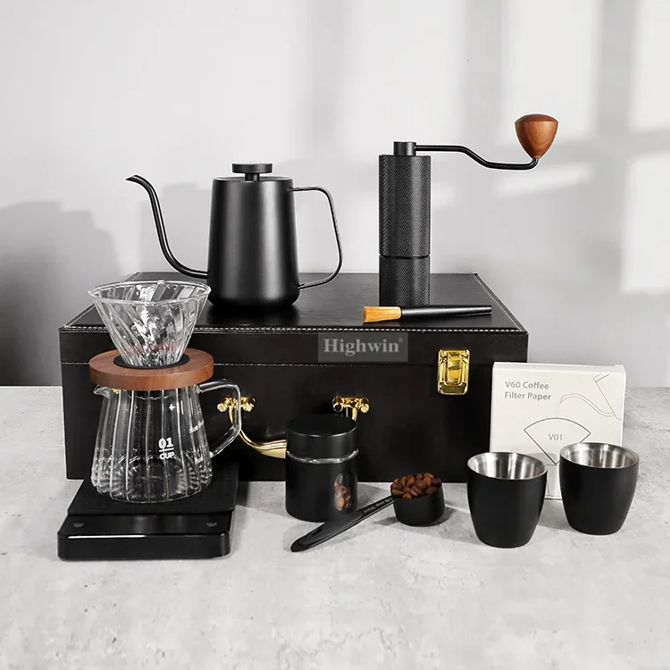 Homewarming Gift Matt Black 1-2 Cups Leather Wooden Box Slow Brewing Pour Over Coffee Maker Gift Set