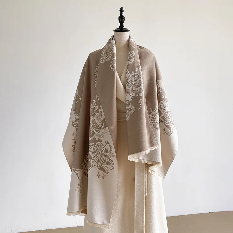 Jacquard warm outer with long imitation cashmere scarf shawl Korean version temperament fashionable and versatile women's
