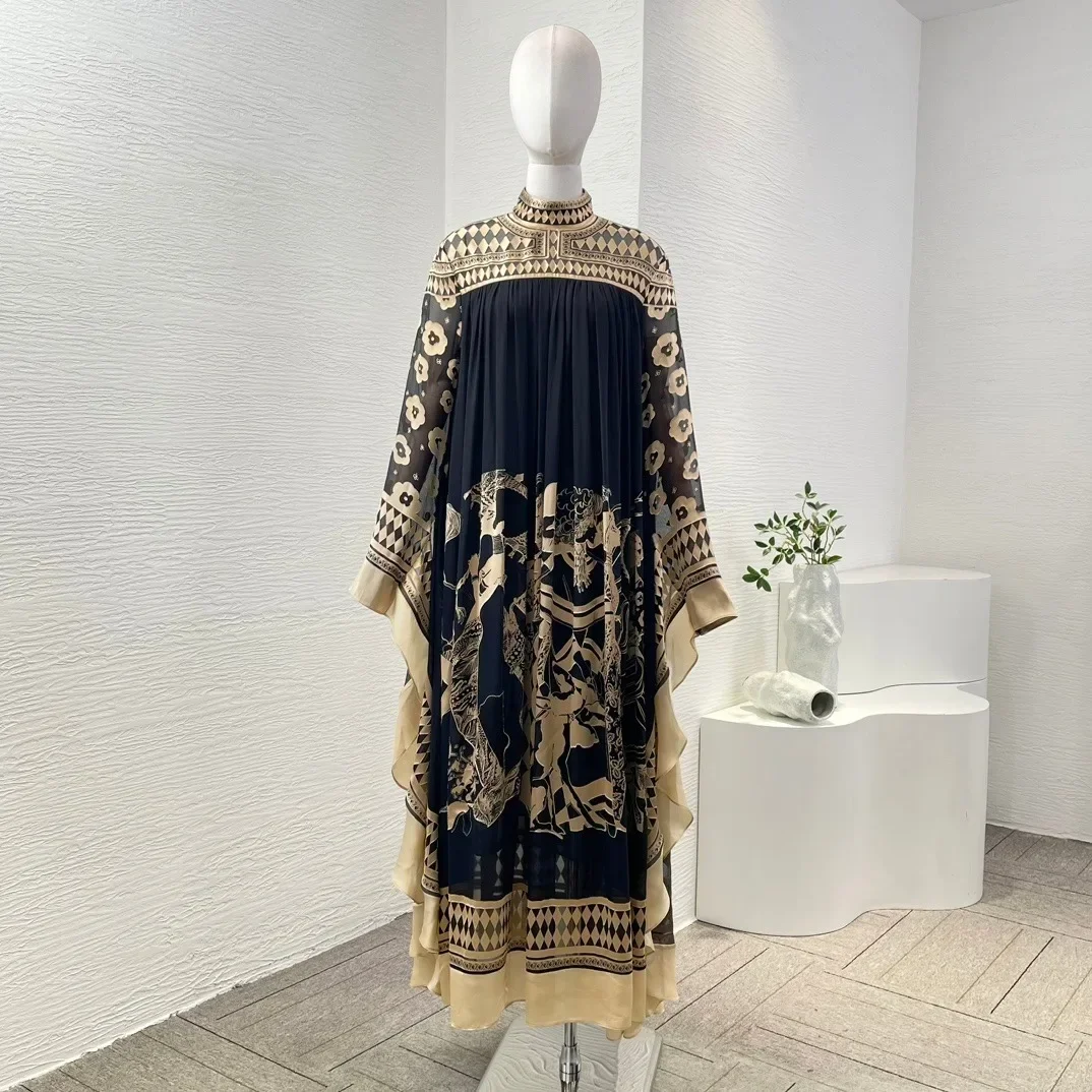 2024 New Silk High Quality Autumn Black Illustration Print Long Sleeve Stand Collar Maxi Dress for Women