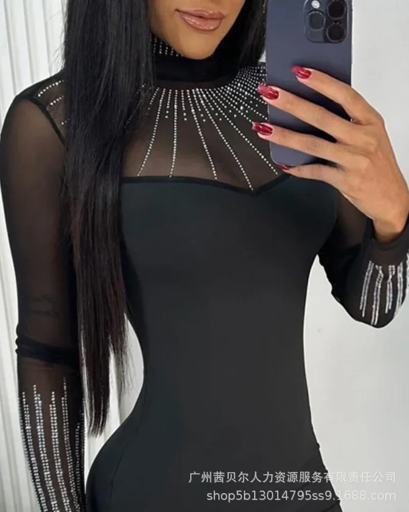 Kobiety Bodycon Sukienka Mini Sukienki Sexy Turtleneck Party Club Mesh Slim Sheath Y2k Vestidos Hot Drilling Elegant Splice 2024