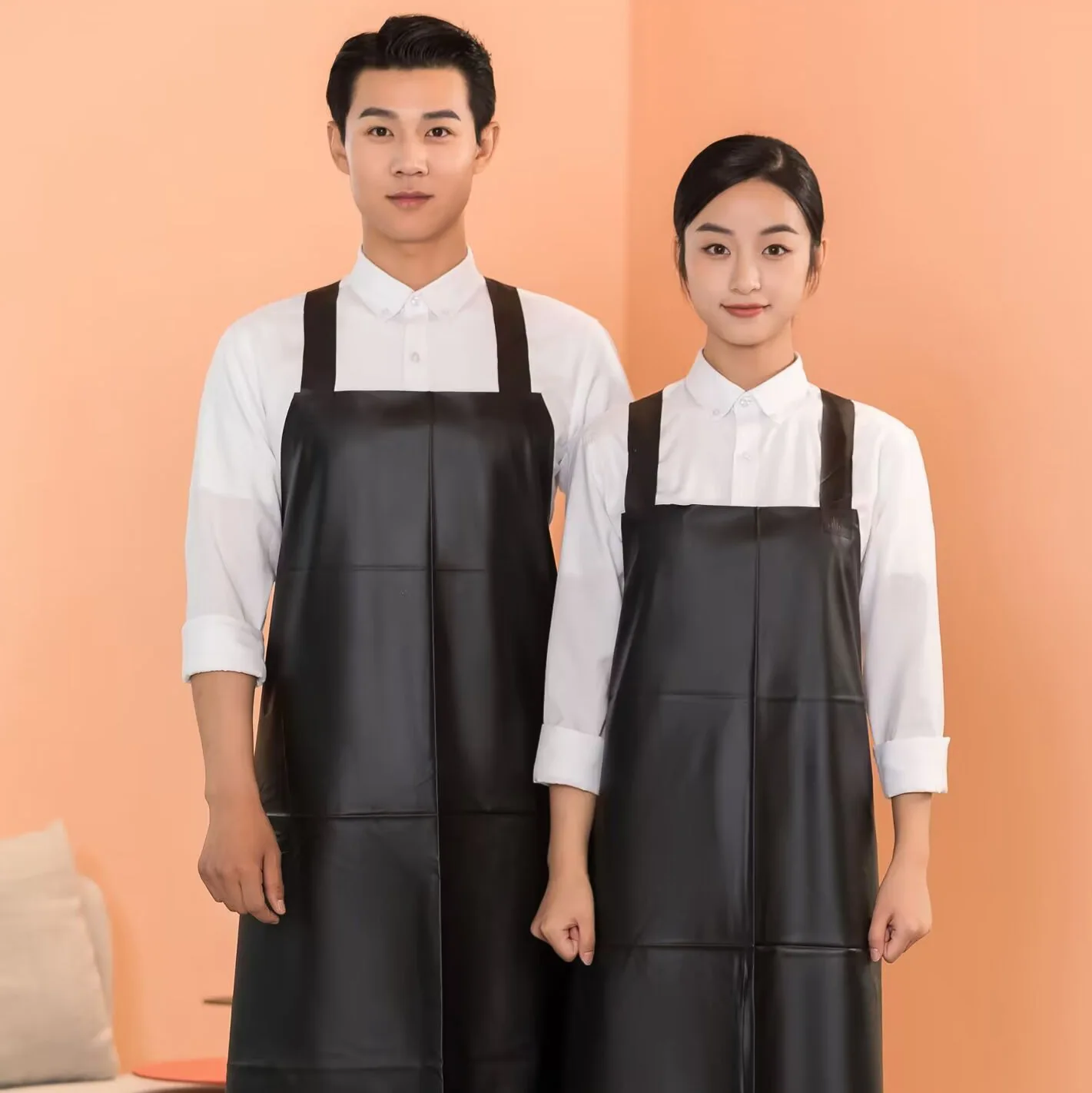Solid Color Simple Seafood Work Apron Oxhide Waterproof Oil Resistant Wearproof Waist Coverall for Fish Market Use