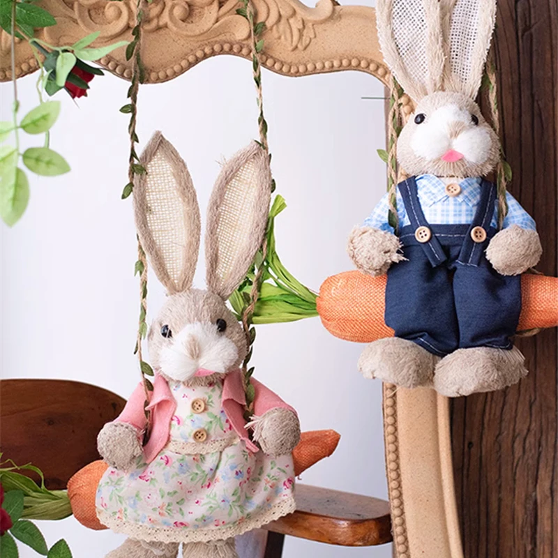 Home Decor Pastoral Straw Woven Swing Rabbit Sitting Radish Rabbit Hanging Pendant Homestay Garden Outdoor Hanging Decorations