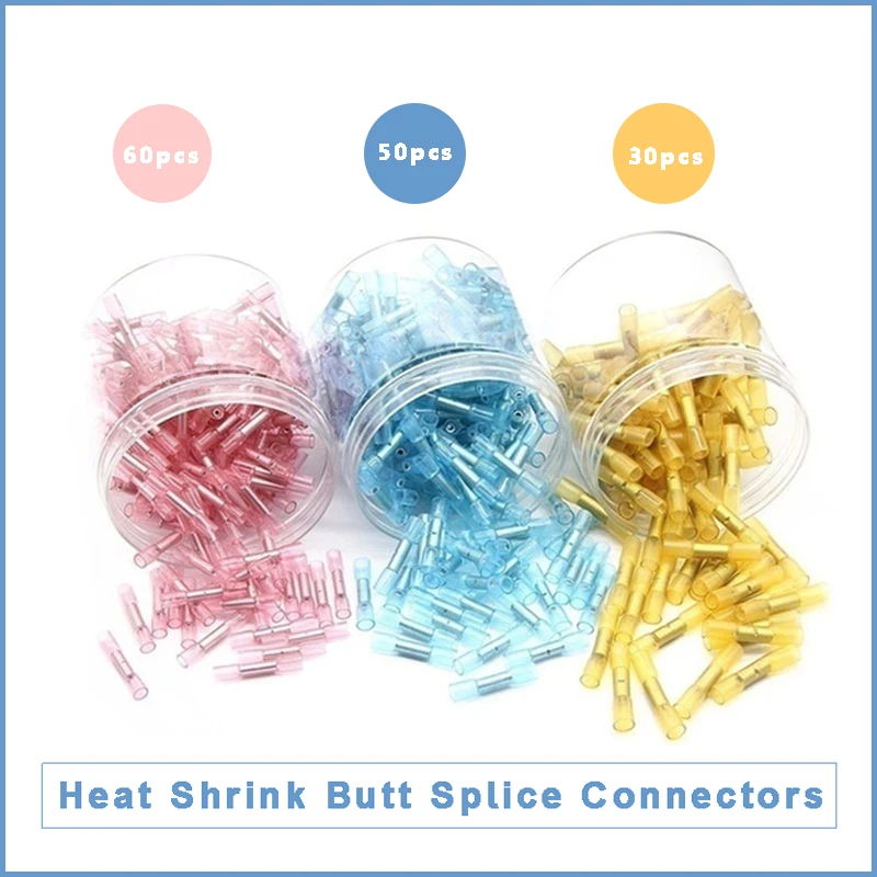 30/50/60/140PCS Assorted Fullly Insulated Heat Shrink Butt Splice Connectors Waterproof Crimp Terminals Soldering Sleeve Kit