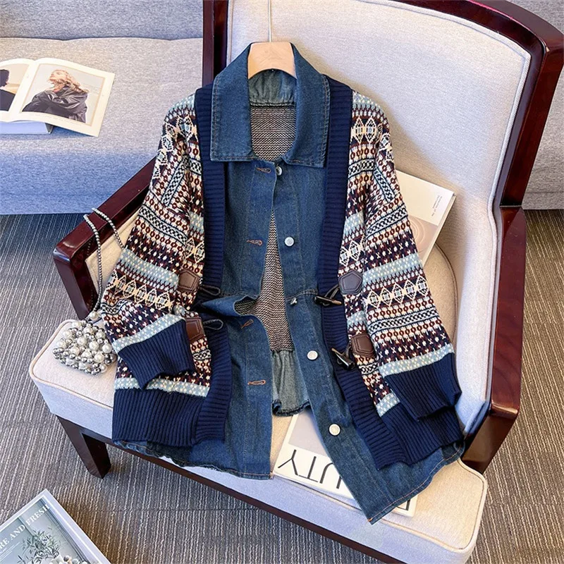 

Модный ковбойский лоскутный искусственный вязаный свитер из двух предметов, кардиган, куртка с лацканами, однобортный осенний женский трикотаж с длинными рукавами