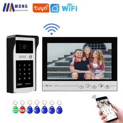 Sistema de videoportero Tuya WIFI de 9 pulgadas, timbre, cámara impermeable para exteriores, portero inalámbrico con tarjeta RFID, contraseña, Keyborad