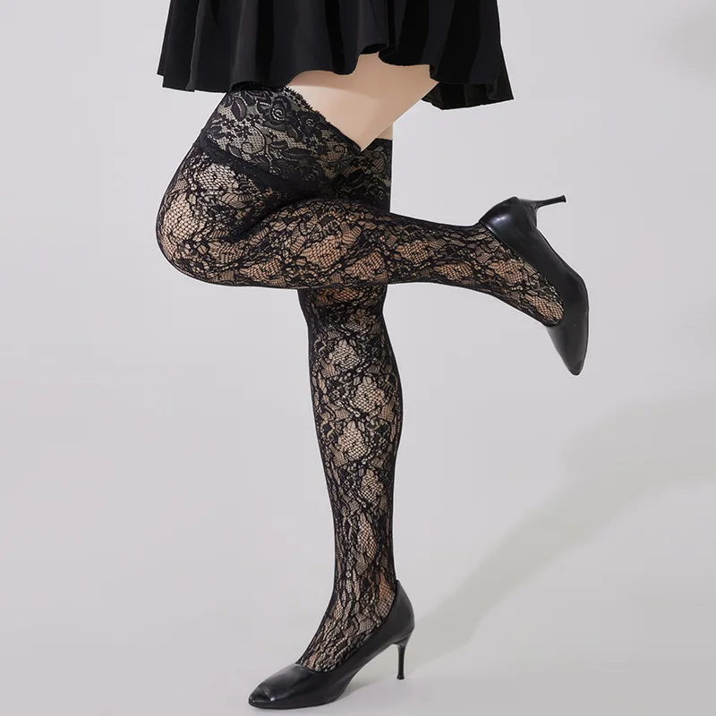 Plus Size Fishnet Stockings for Women High Elasticity Lace Vintage Hollow Out Mesh Stocking Sexy Retro Thin Socks Black view 6