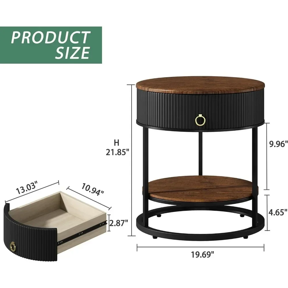 Round End Table with Drawer, Modern Wood Grain Side Table with Shelf, 2-Tier Ni Living Room, Bedroom, Rustic Brown and Black