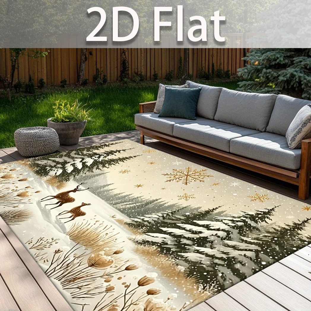 1pc 2D Flat Rectangular Snow Forest Reindeer Rug, Thick Non-Slip Machine Washable Mat for Living Room, Bedroom, Balcony
