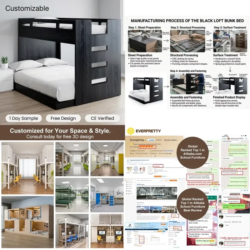 durable Space-saving Student Loft Bed with Desk Wooden Dormitory Furniture Set for University Apartment Projects