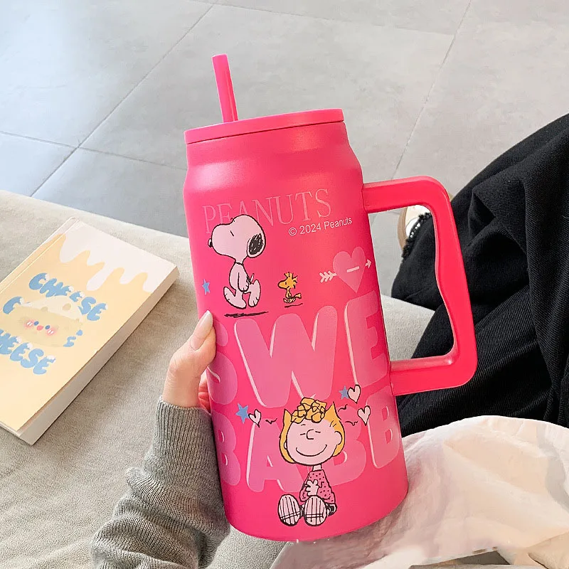 MINISO Snoopy Insulated Cup Large Capacity Straw Water Cup Black Portable Stainless Steel Cup Children\'S Travel Cup