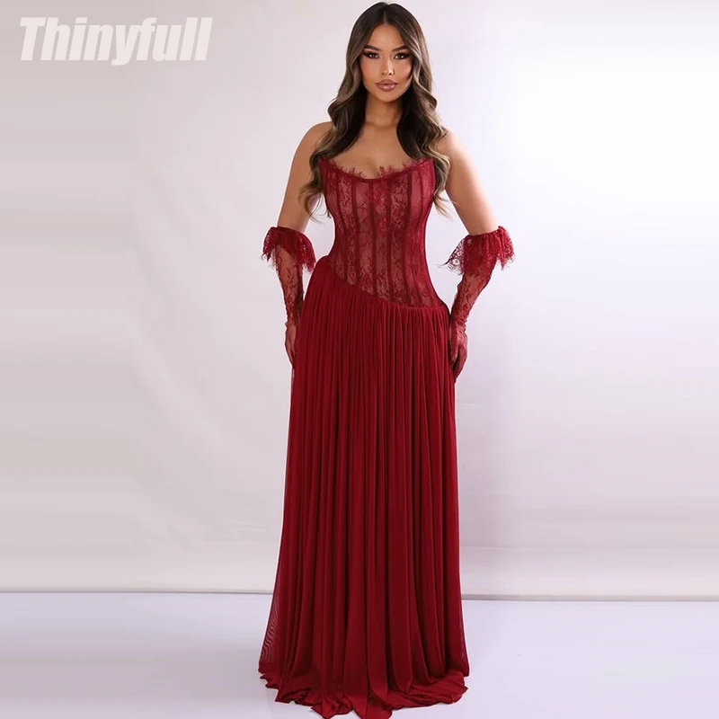 

Thinyfull A-line Chiffon/Lace Prom Dresses Sleeveless Strapless Evening Gown Arab Dress without Glove robes de soirée Customized