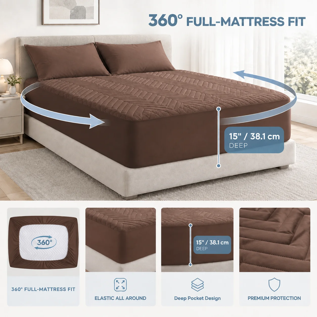 Waterproof Fitted Mattress Protector - Quilted Mattress Cover with 15
