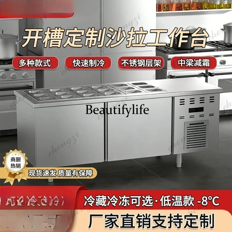 A61 Slotted Fresh Salad Taiwanese Fruit Fishing Refrigerated Salad Cabinet Operation Workbench Display Cabinet
