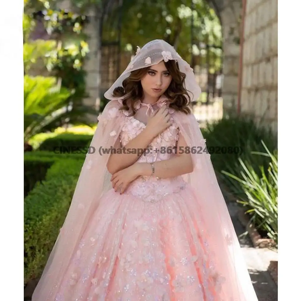 Vestido de quinceañera rosa con urdimbre, vestidos Formales de 15 años, apliques de flores hechos a mano, dulce 16, Vestido largo de graduación, 2022