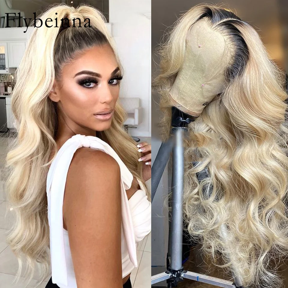 1B 613 Human Hair Lace Front Blonde Ombre Lace Front Human Hair Wigs Honey Blonde 13x6 Hd Frontal Wig Dark Roots Body Wave Wig